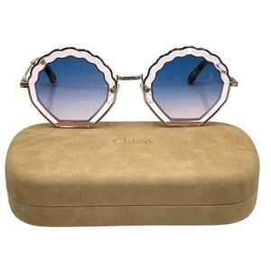 RARE Chloe Tally 56mm Scalloped Sunglasses Gold Pink Gradient Blue NWT
